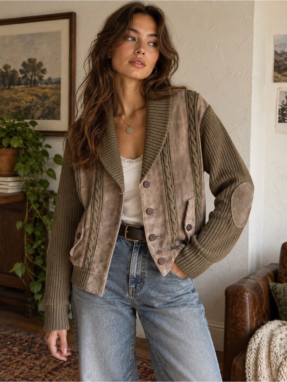 Vintage Hi Gear Leather Sweater Jacket Cable Knit Grandpa Western 80s Large